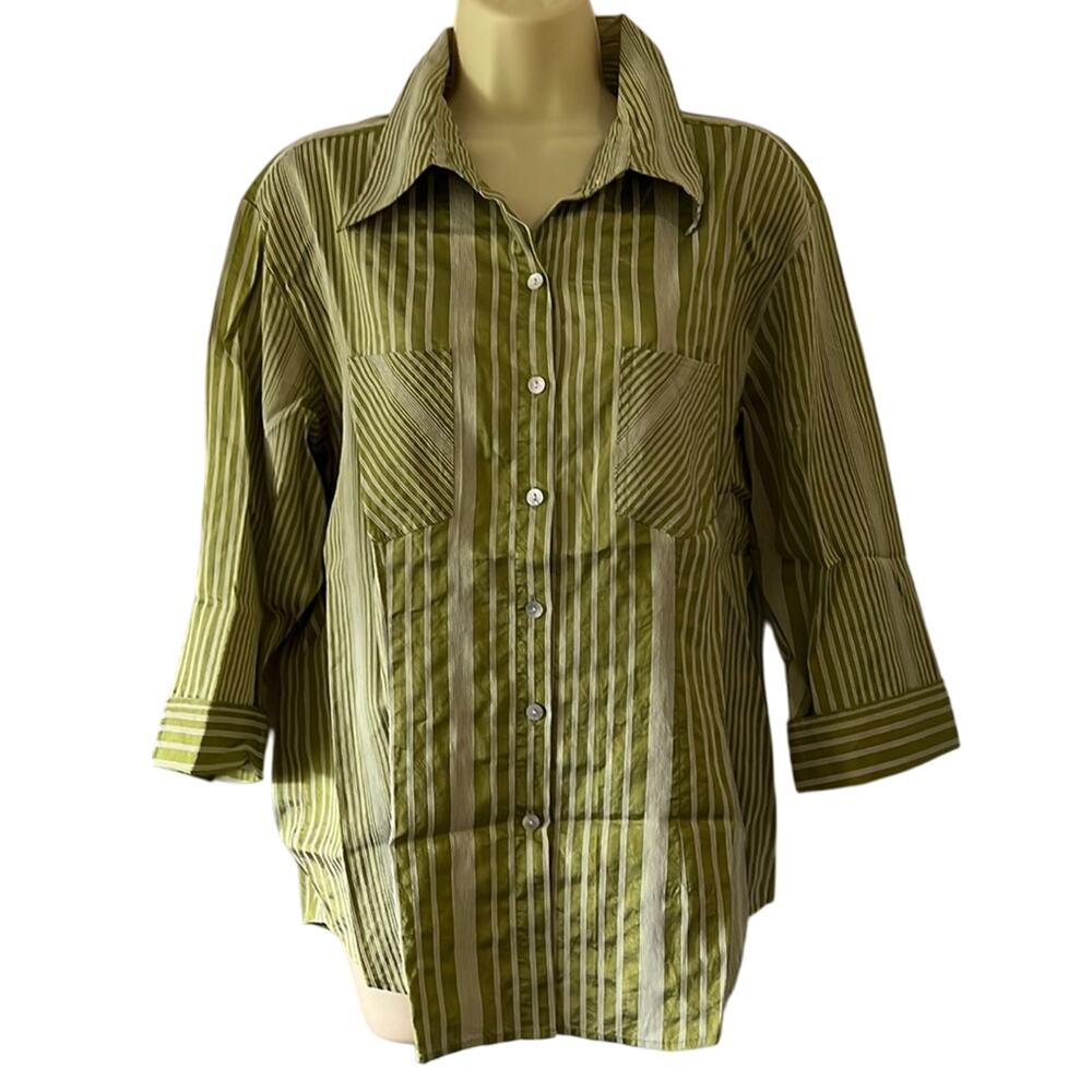 Chico’s 2= misses 12 Green & White Striped Blouse Button Up 3/4 Sleeves